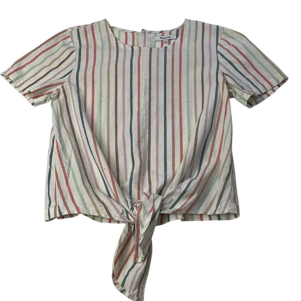 Madewell Women's XS Vertical Stripe Tie-Front Top Pastel Multi Color Rainbow